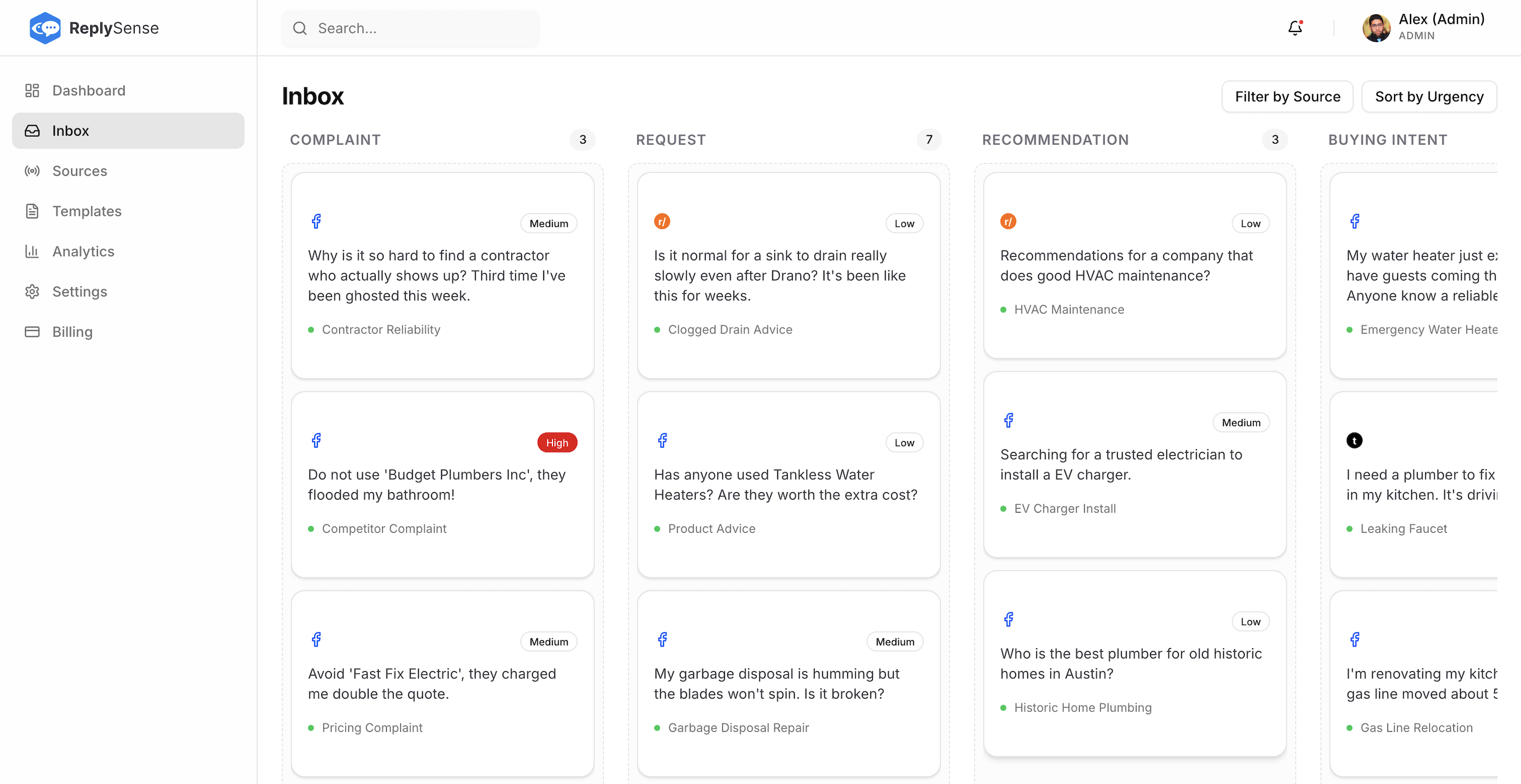 ReplySense Dashboard - Monitor and manage conversations across platforms